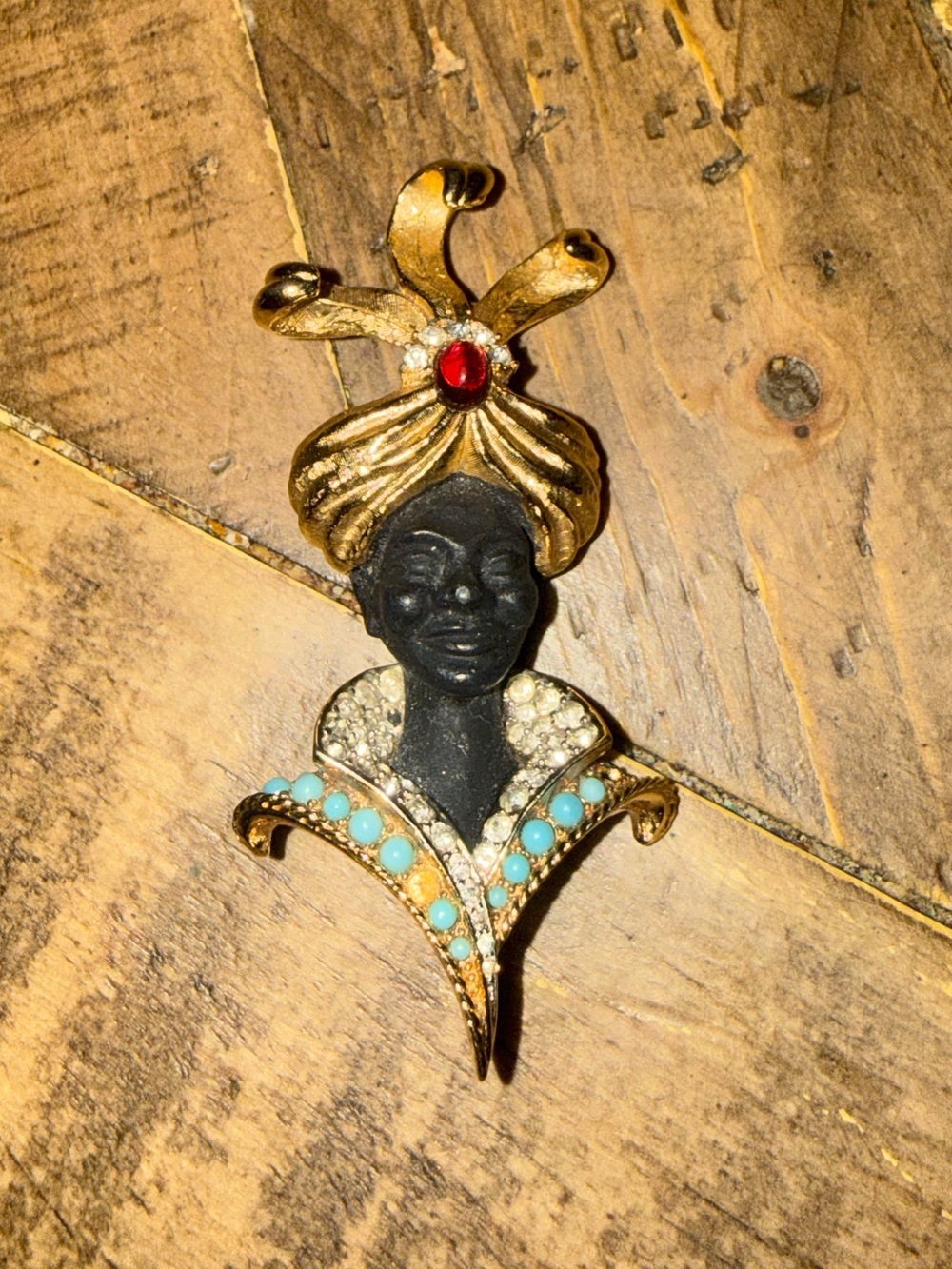 Vintage Signed Selro Blackamoor Figural Brooch Rhinestone Turquoise Pin As Is